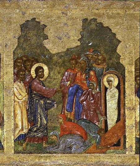 The Raising of Lazarus, Russian icon from the iconostasis in the Cathedral of St. Sophia from Novgorod School