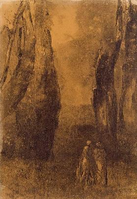Lovers in a rocky landscape (charcoal)