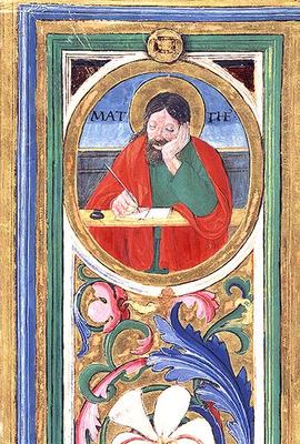 Ms 542 f.3v St. Matthew writing the first gospel from a psalter written by Don Appiano from the Chur from or di Giovanni Monte del Fora