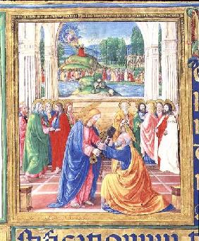 Ms 542 f.3v Christ giving the keys to St. Peter, in the background God delivers the Tablets of the L