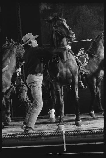 Gregory Peck with horse on the set of Mackennas Gold