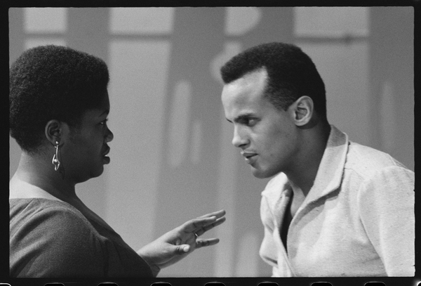 Harry Belafonte with Odetta on set of tv special from Orlando Suero