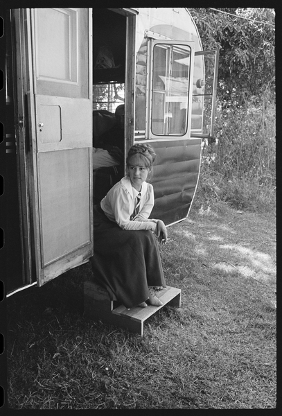 Jeanne Moreau by her actors trailer on the set of Viva Maria from Orlando Suero