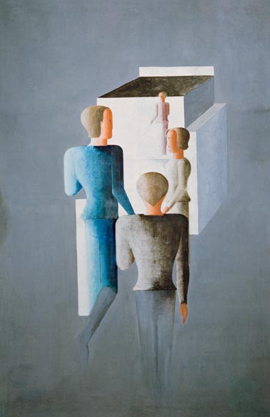 Four figures and a cube from Oskar Schlemmer