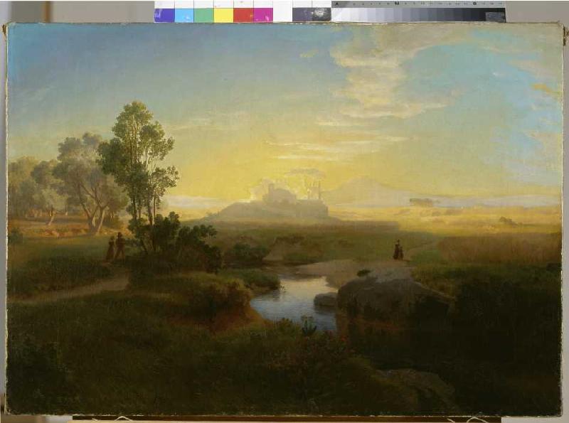 Abendliche Landschaft mit einem im Gegenlicht liegenden Felsmassiv from Oswald Achenbach