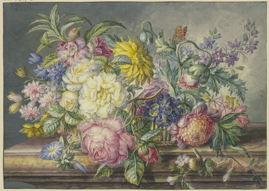 Blumenstrauß in einem Korb, dabei eine Schnecke und ein Schmetterling from Oswald Wijnen