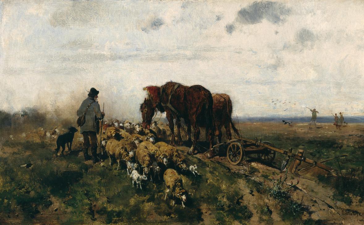 Schäfer mit seiner Herde neben einem von zwei Ackergäulen gezogenen Pflug from Otto Gebler