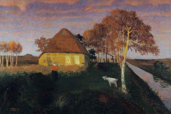 Bog cottage croft in the evening sunshine from Otto Modersohn