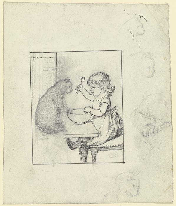 Kind am Esstisch mit Katze, rechts vier Skizzen eines Katzenkopfes im Profil from Otto Scholderer