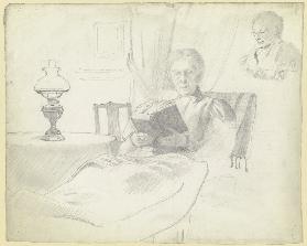 Luise Scholderer lesend mit Tisch und Lampe, Brustbild einer weiblichen Figur im Hintergrund