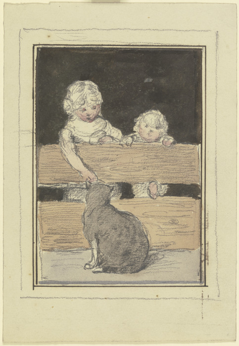 Zwei Kinder am Zaun mit einer Katze from Otto Scholderer