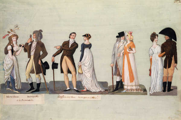 Fol.50 Merveilleuse...Incroyable promenading; Coiffure a la Titus...Tocque in the Jockey style from P. A. Lesueur