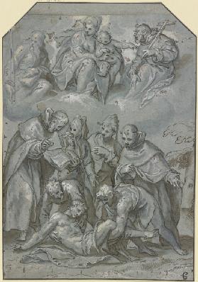 Bergung eines Jünglings in Anwesenheit von zwei Mönchen und zwei Frauen, darüber in Wolken die Madon
