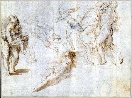 Figure Studies: Woman Holding a Baby; Man Pursued by Another; Nude Woman Lying on Ground; Hercules a from Parmigianino
