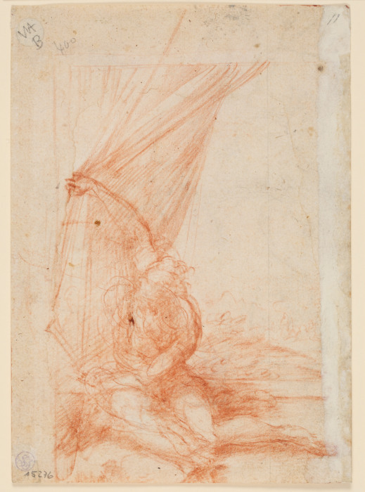 Sitzende Gestalt, die einen Vorhang beiseite schiebt from Parmigianino