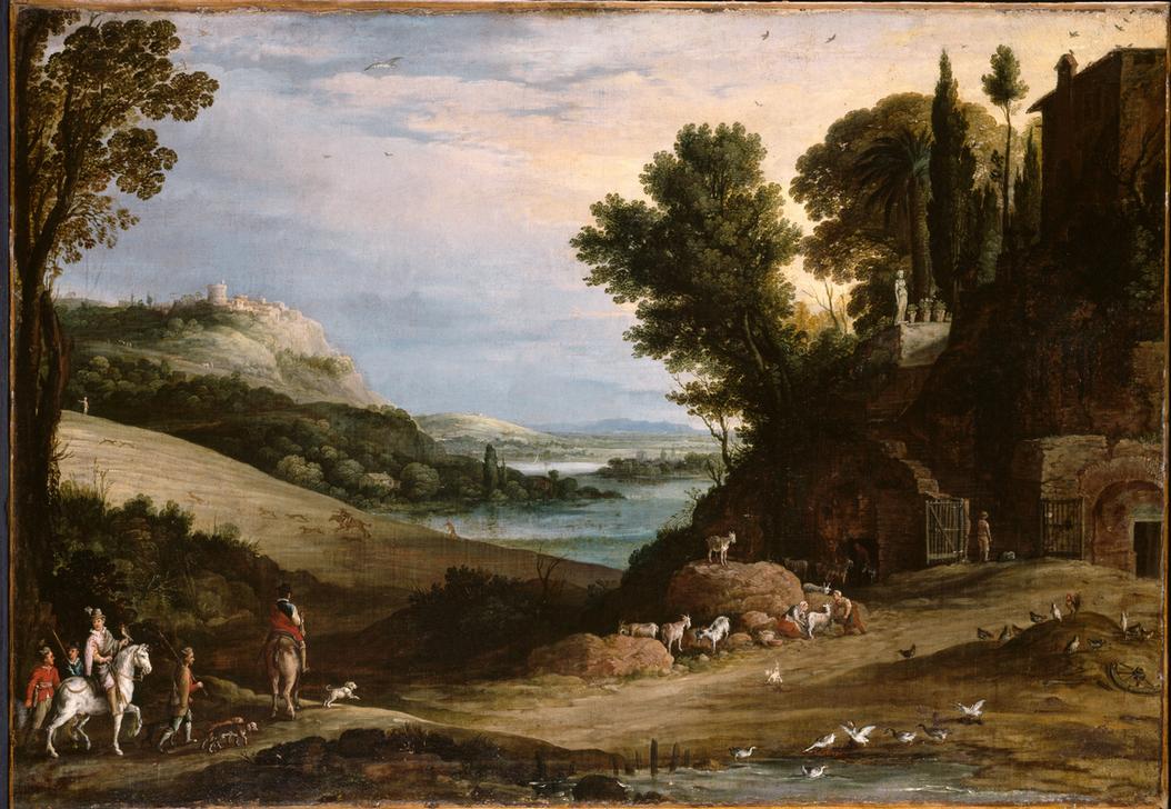 An Italianate Landscape with a Hawking Party Approaching a Villa from Paul Bril