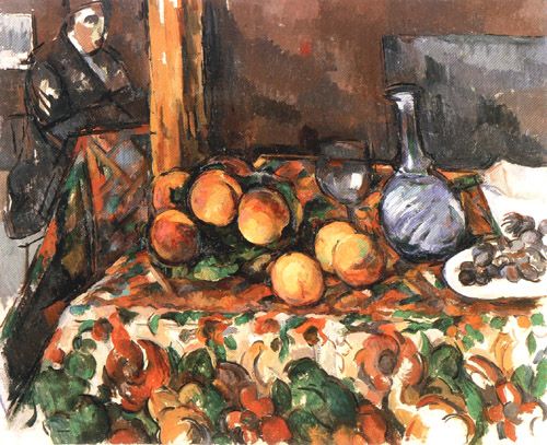 Still life with peaches, carafe and figure from Paul Cézanne