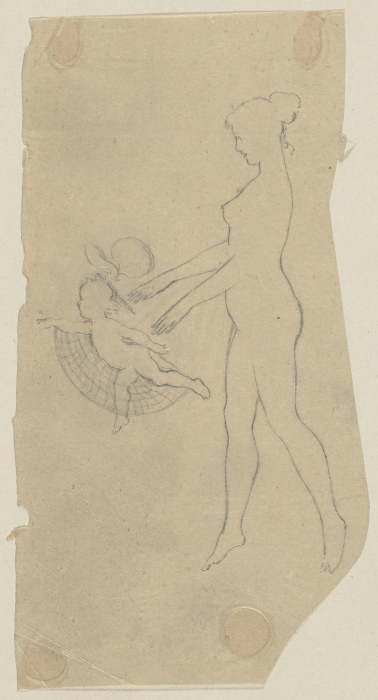 Titania, unbekleidet, mit hochgestecktem Haar und begleitet von einem Elfenkind, schwebend, nach lin from Paul Konewka