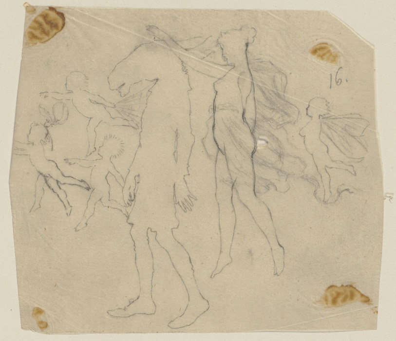 Titania, unbekleidet und mit hochgestecktem Haar, und Nick Bottom mit Eselskopf, gehend, begleitet v from Paul Konewka