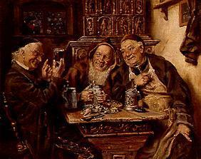 Three happy boozers in an old German room