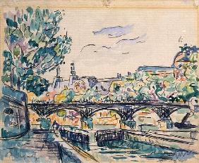 Bank of the Seine near the Pont des Arts, with a view of the Louvre (pen & ink with w/c and gouache 