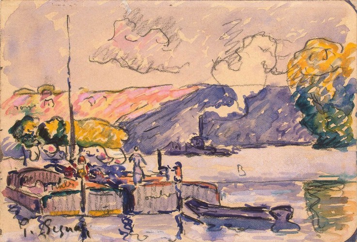 Two Barges, Boat, and Tugboat in Samois from Paul Signac