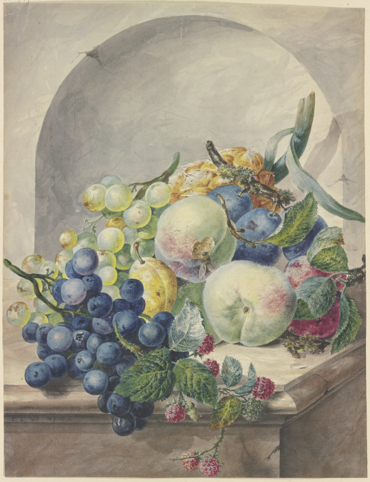 Fruchtstück in einer Nische auf einem Marmortische, Pflaumen, Pfirsiche, Trauben und Brombeeren from Paul Theodor van Brussel