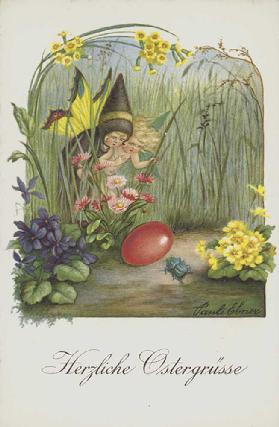 Easter greetings card depicting two fairies in a spring garden.