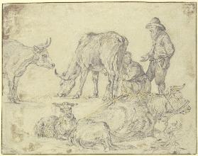 Ein Bauer und eine junge Frau, eine Kuh melkend, dabei zwei weitere Kühe und ein Schaf