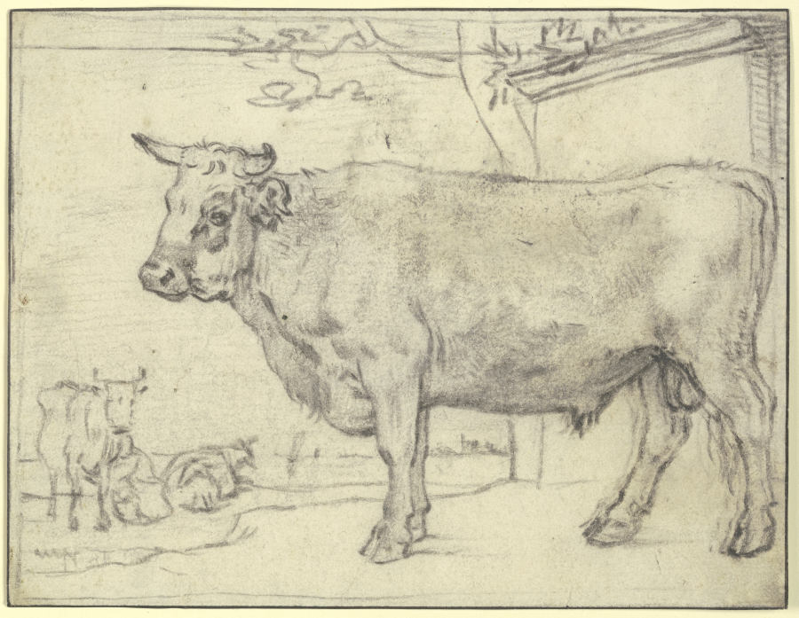 Stier nach links, hinten zwei Kühe und eine Melkerin from Paulus Potter