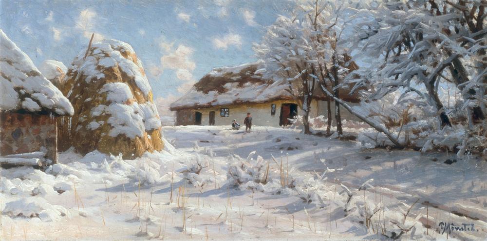 Village scene in snow with children tobogganing from Peder Moensted