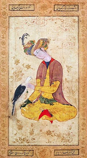 A Hunter Stroking his Falcon from Persian School