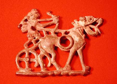 Horse bit depicting a hunter on his chariot, firing his bow from Persian School