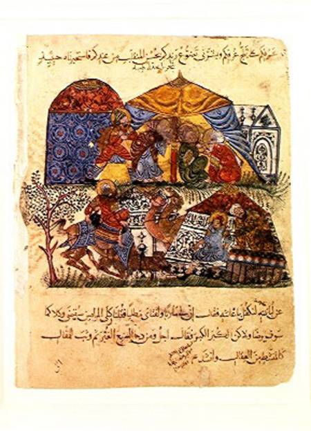 An old man and a young man in front of the tents of the rich pilgrims, from 'The Maqamat' (The Meeti from Persian School