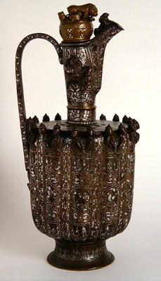 Pitcher with a handle and lid, from Khorasan, Safavid Dynasty (brass engraved with silver inlay) from Persian School