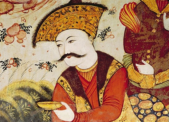 Shah Abbas I (1588-1629) and a Courtier offering fruit and drink (detail of 155563 showing the head  from Persian School