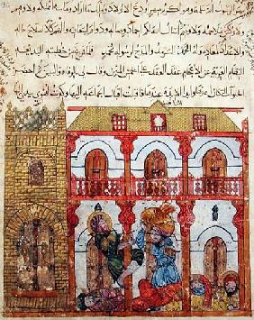 Ms c-23 f.99a Thief Taking his Loot, from 'The Maqamat' (The Meetings) by Al-Hariri (1054-1121)