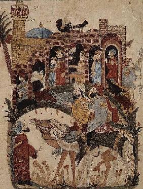 Ar 5847 f.138 Abu Zayd and Al-Harith questioning villagers from 'The Maqamat' (The Meetings) by Al-H