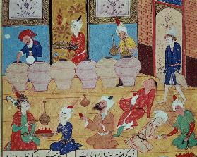 Fol.33v, Detail of a banquet with musicians, from a book of poems Hafiz Shirazi (c.1325-c.1388) 1554