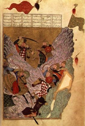 Genghis Khan (c.1162-1227) fighting the Chinese in the mountains, a scene from Ahmad Tabrizi's 'Shah
