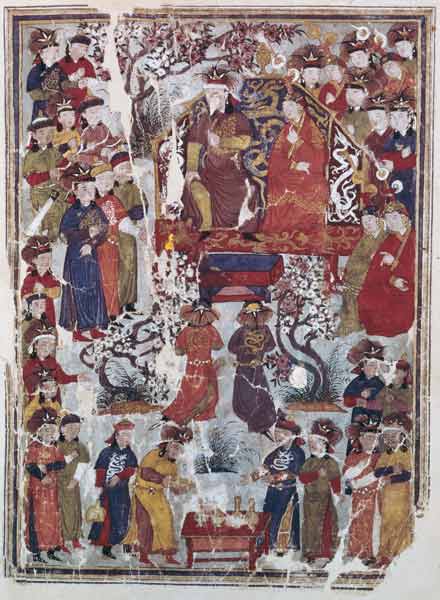 Ms. Supp. Pers. 113 f.44v Genghis Khan and his wife Bortei enthroned before courtiers from Persian School