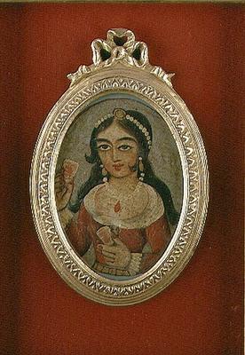 Qajar bust roundel depicting an adorned woman (oil on canvas)