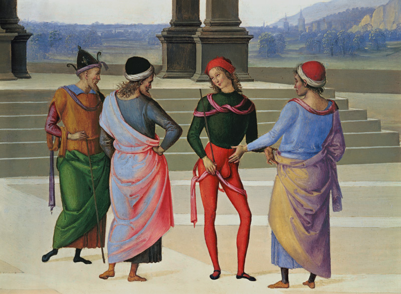 Detail from wedding of Mariae: Four men from Perugino (eigentl. Pierto di Cristoforo Vanucci)