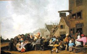 A Village Scene with a Dentist Pulling Teeth and Peasants Fighting Outside a Tavern