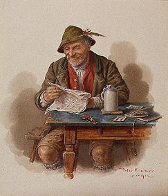 Age smallholder in a red waistcoat at the Zeitunglesen