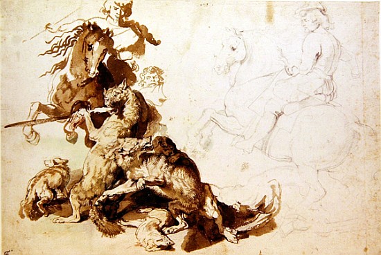 Sketch for a Wolf Hunt (pencil with w/c on paper) from Peter Paul Rubens