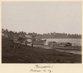Boats carrying rice on the River Thanlwin, Mupun district, Moulmein, Burma, late 19th century (album