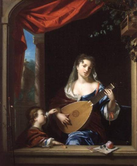 Elegant Lady Playing the Lute at a Window (panel) from Philip van Dyck