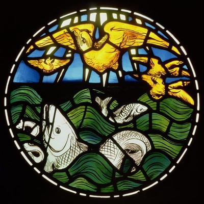 Birds and Fishes, detail from the Creation Window, 1861 (stained glass) (see 120153) from Philip Webb