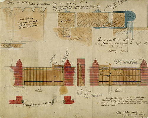 Plans and elevations for The Red House, Bexley Heath, 1859 (pen and ink and w/c on paper) from Philip Webb